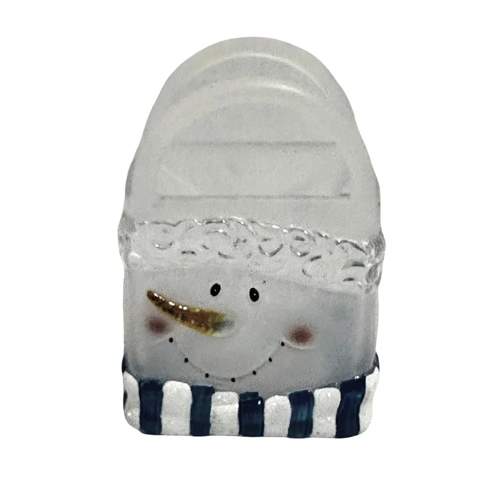 Hand Painted Snowman Glass Basket Decor Clear Blue Excellent Holiday Frosted